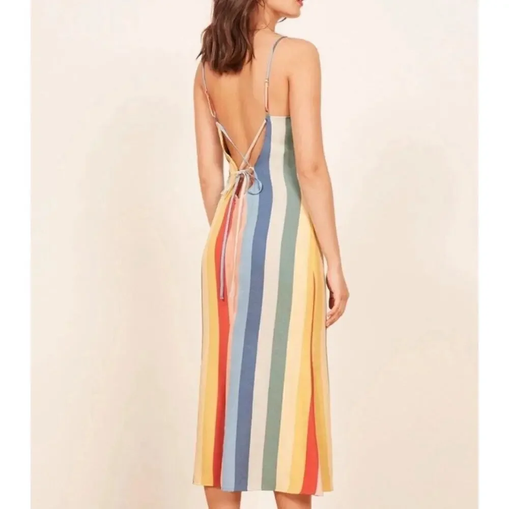 Reformation Rainbow Midi Dress 2 XS Striped V-neck spaghetti strap multicolor - Picture 2 of 11